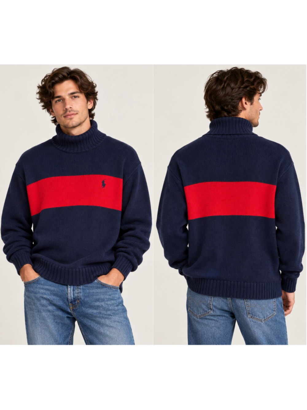 Polo Ralph Lauren L Navy Red Colorblock Cotton Turtleneck Sweater